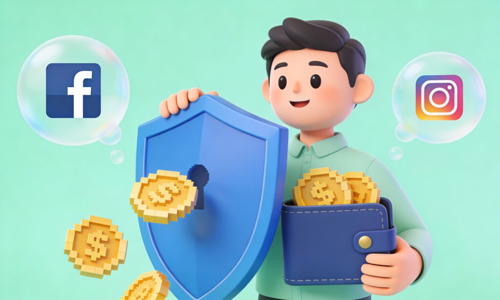 Minimal cartoon illustration of a character using a shield to protect a wallet from falling coins, symbolizing Meta ads budget protection