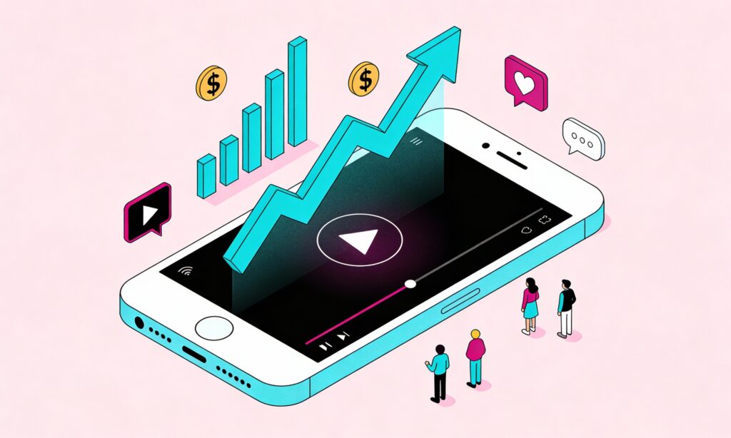 TikTok ads strategy illustration with smartphone showing social media engagement metrics and growth charts in minimal cartoon style