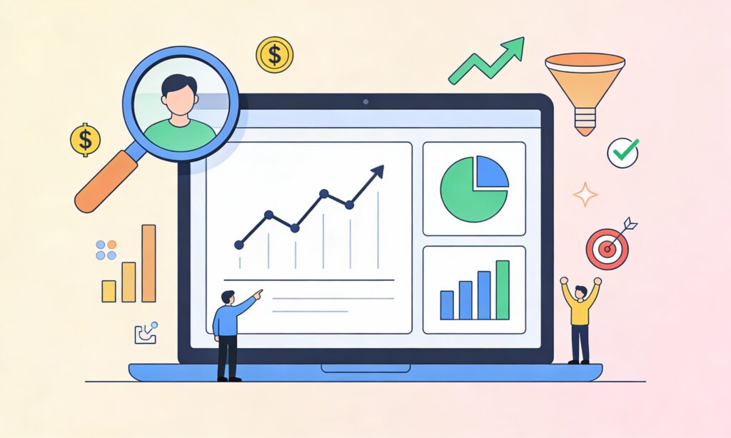 Paid campaign tracking illustration with analytics dashboard showing performance metrics, conversion data, and ROI trends in minimal cartoon style