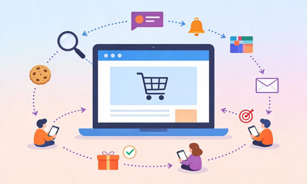 Retargeting advertising illustration showing user journey from website browsing to conversion through remarketing ads