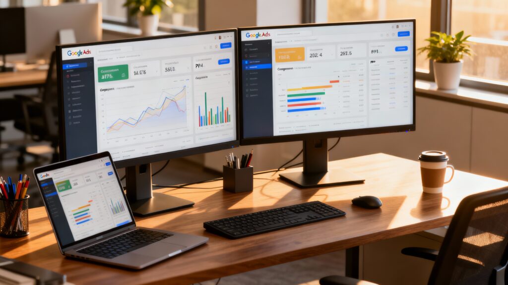 "Professional digital agency workspace showing Google Ads dashboards, analytics, and campaign graphs on dual monitors."