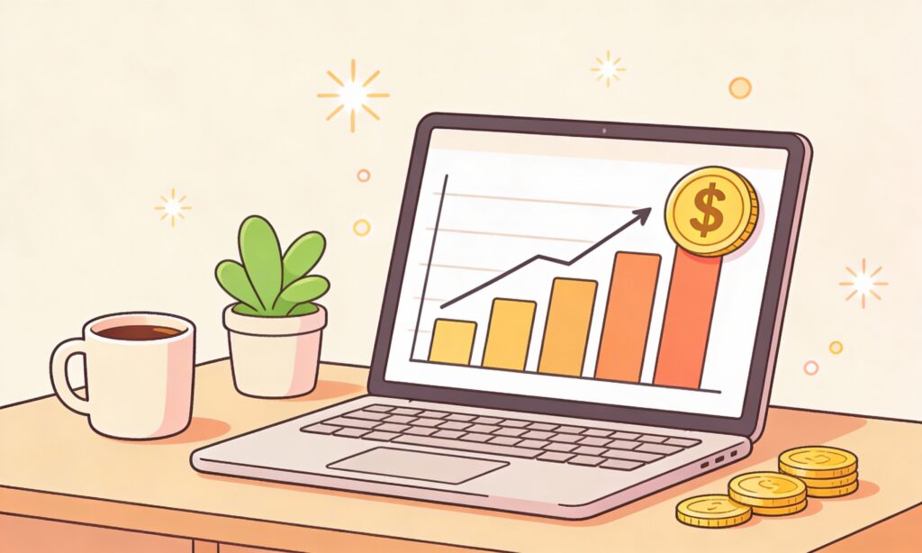 Minimalist cartoon of a modern workspace featuring a laptop with a rising profit chart, a coffee mug, and a small plant representing blog monetization success