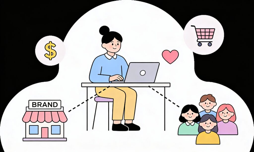 Minimal cartoon illustration of a person at a laptop connecting products with people through digital icons.