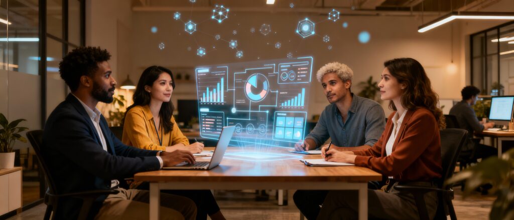 "Team collaborating at modern agency table with holographic analytics displays."