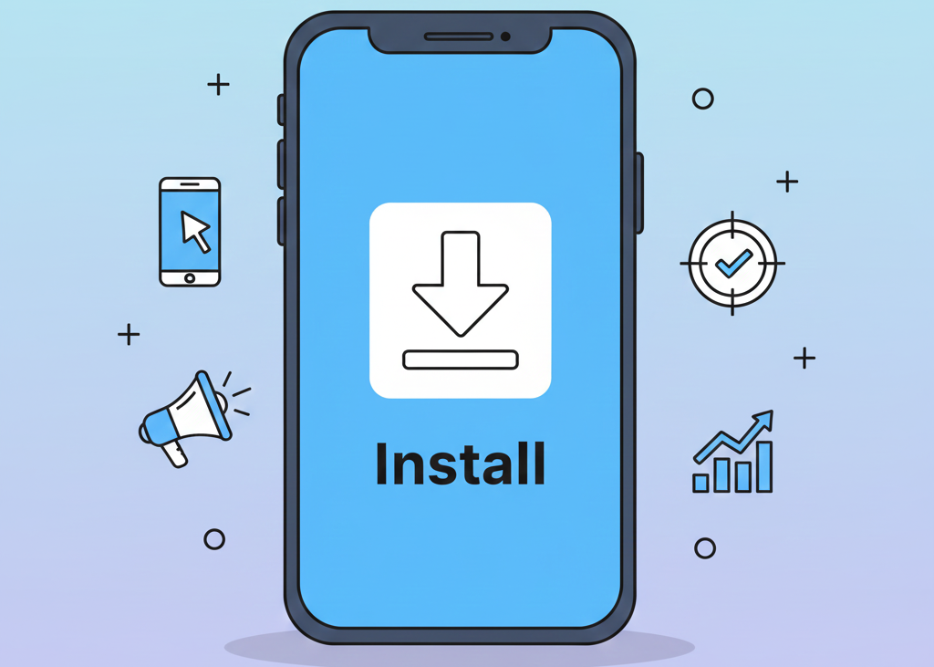 Minimal cartoon illustration of a smartphone with a "New Message" notification, featuring floating symbols of growth like a rising arrow and dollar sign on a pastel gradient background.