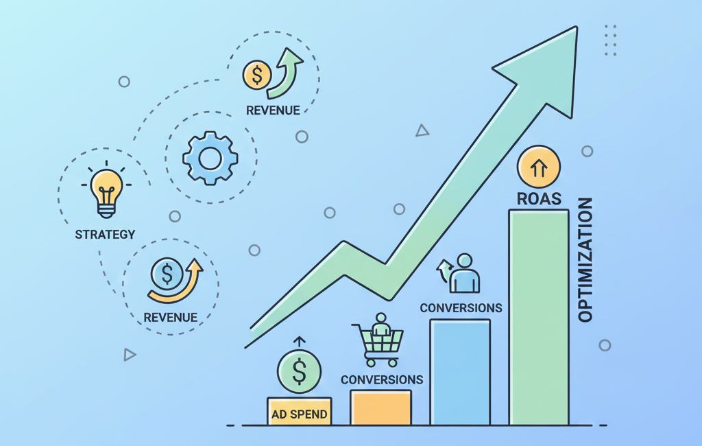 "Minimalist cartoon infographic titled 'Performance Metrics Explained,' featuring colorful icons for Speed, Growth, Quality, Profit, and Innovation connected to a central brain icon labeled 'Success' on a light blue background."
