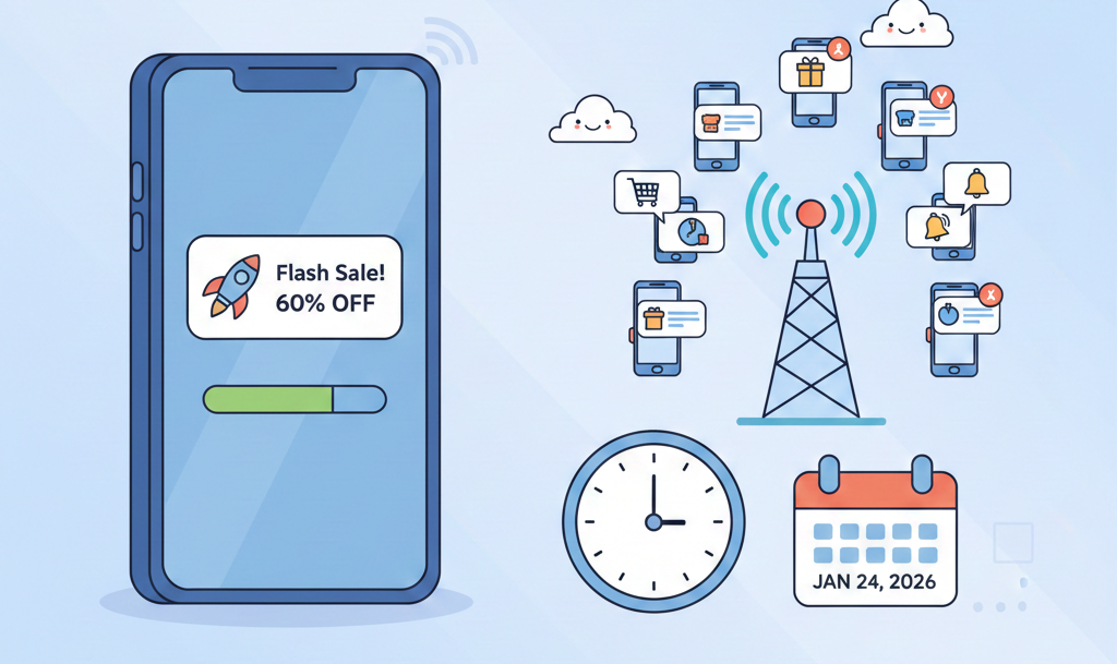 "A minimal cartoon illustration featuring a smartphone displaying a flash sale push notification, surrounded by digital marketing icons, a signal tower, and a calendar marked January 2026."