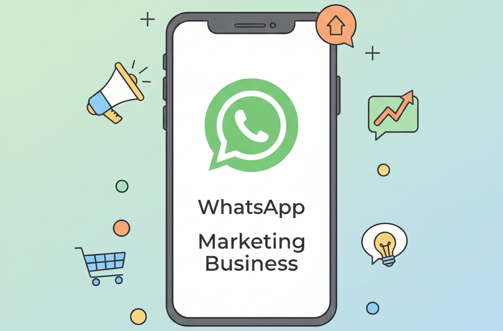 Minimal cartoon illustration of a smartphone with a "New Message" bubble, surrounded by growth icons on a pastel background.