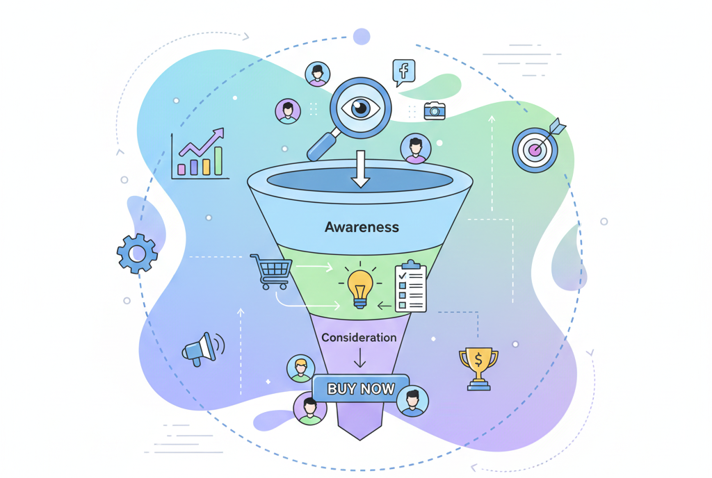 A minimal cartoon illustration of a large marketing funnel showing the customer journey from brand awareness to conversion, featuring diverse user avatars and data icons in a clean, professional digital marketing style.
