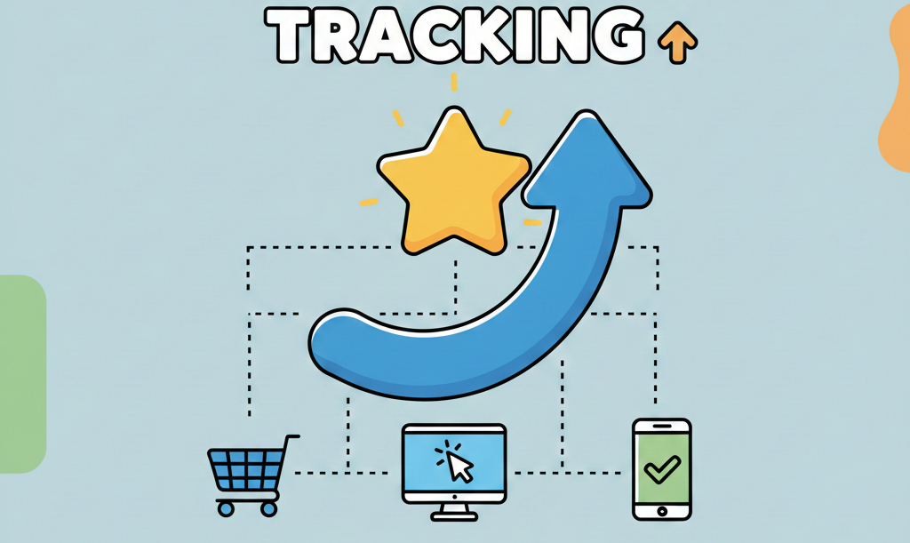 A minimal cartoon illustration titled "Conversion Tracking" featuring a blue upward arrow, a gold star, and icons for a shopping cart, computer click, and mobile checkmark on a light blue background.