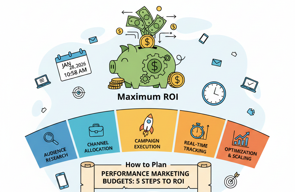 Minimalist cartoon infographic showing five steps to plan performance marketing budgets for maximum ROI, featuring a green piggy bank with gears.
