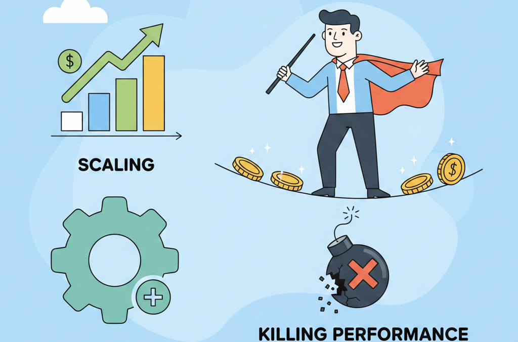 A minimal cartoon illustration showing a marketer balancing on a tightrope of gold coins, representing the careful balance of scaling paid ad campaigns without losing performance.