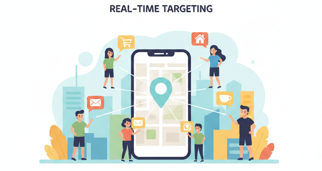 A minimal cartoon illustration showing a large smartphone with a map and location pin on its screen, surrounded by small characters receiving digital ad notifications in a city setting. The text reads "LOCATION-BASED ADS: REAL-TIME TARGETING."