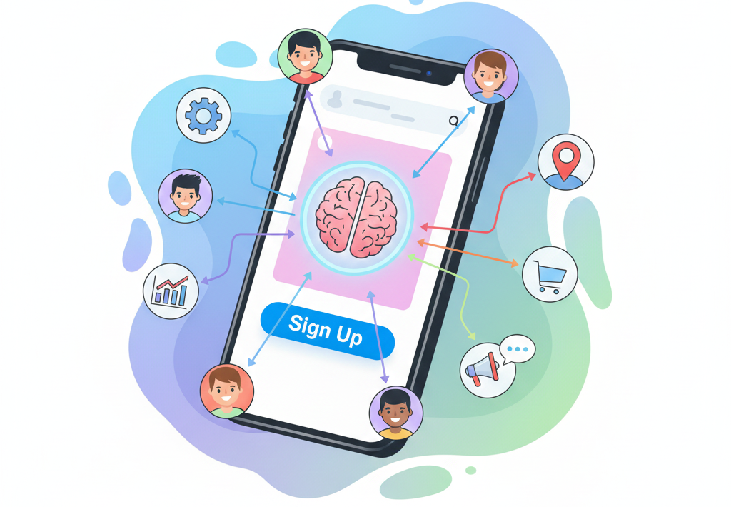 A minimal cartoon illustration of a modern smartphone surrounded by strategy icons like a lightbulb, gear, and growth chart, representing a mobile marketing strategy in a clean, professional digital style.