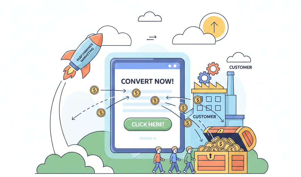 A minimal cartoon illustration showing a digital landing page with a "Click Here" button, a rocket launching, and coins flowing into a treasure chest to represent high-converting performance marketing.