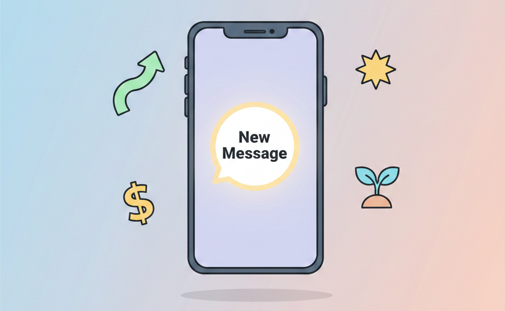 A minimal cartoon illustration of a modern smartphone on a pastel gradient background. The screen displays a bright "New Message" notification bubble, surrounded by simple floating icons including a dollar sign, an upward-trending arrow, and a small sprout.