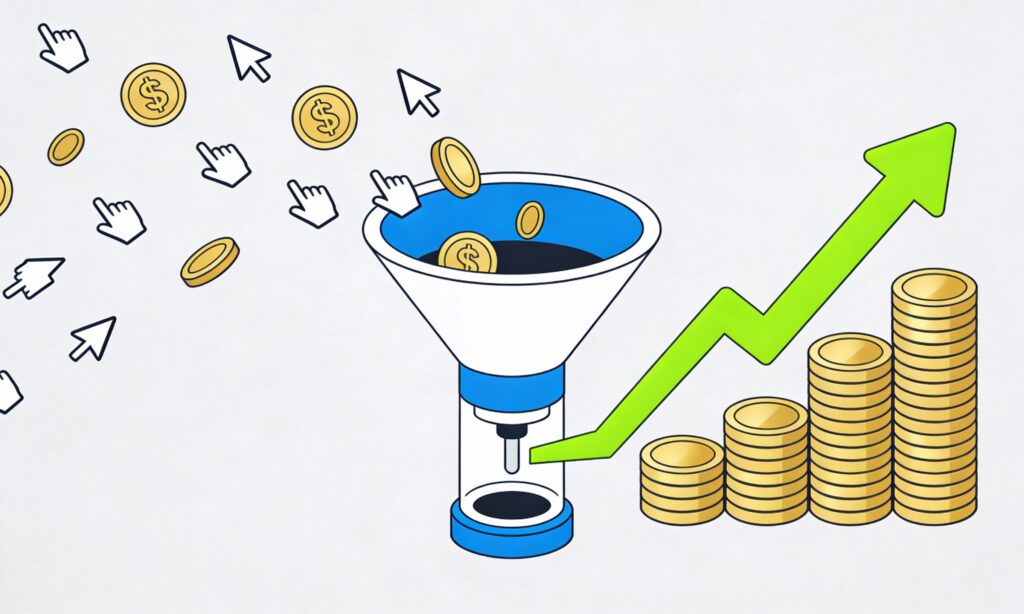 Minimal vector cartoon showing a Google Ads funnel machine turning scattered clicks into gold coins and a green growth chart, representing ROI.