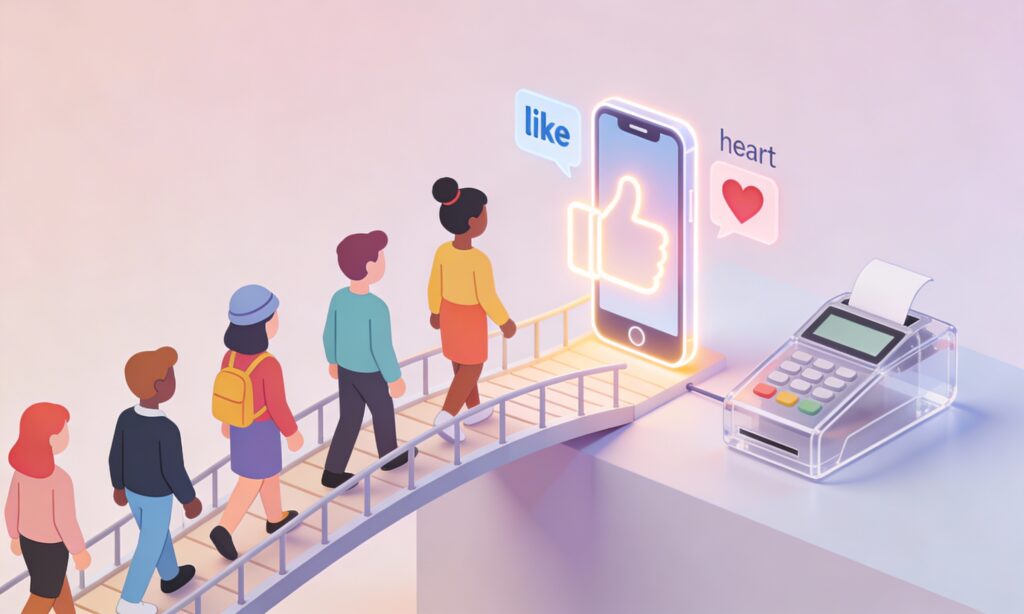 Minimal cartoon illustration of social media followers walking across a bridge from a smartphone with like icons to a checkout terminal