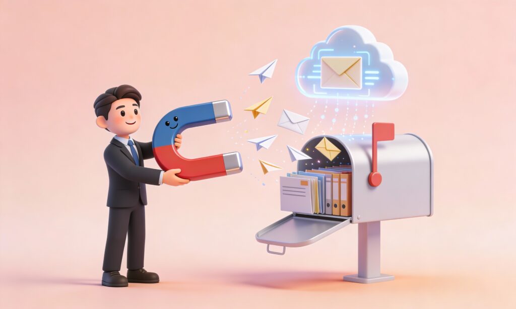Minimal cartoon illustration of a professional character using a large magnet to attract flying envelopes into an organized mailbox