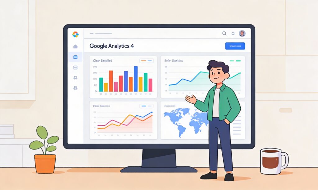 Minimalist cartoon of a digital analyst reviewing a colorful Google Analytics 4 dashboard on a large monitor