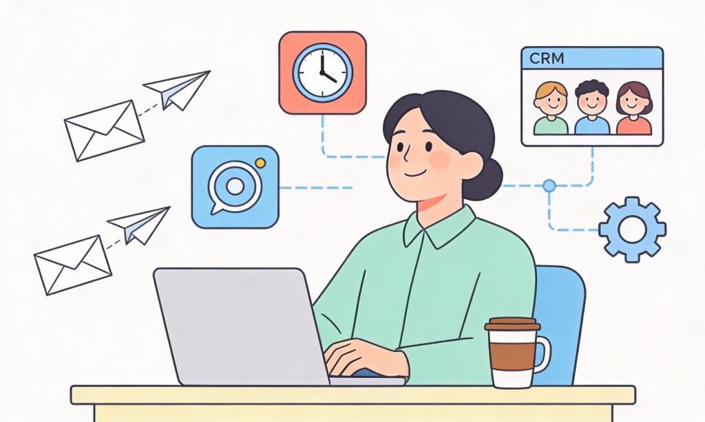 Marketing automation tools illustration showing email scheduling, CRM systems, and workflow automation in minimal cartoon style