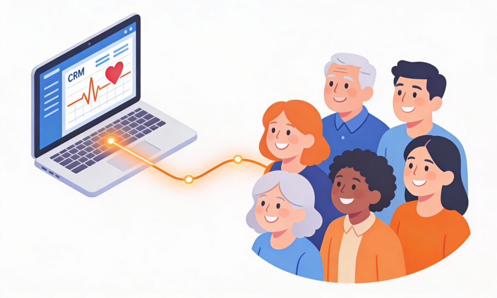 Minimal cartoon illustration showing a laptop with a CRM dashboard connected to happy customers, symbolizing customer retention and relationship management.