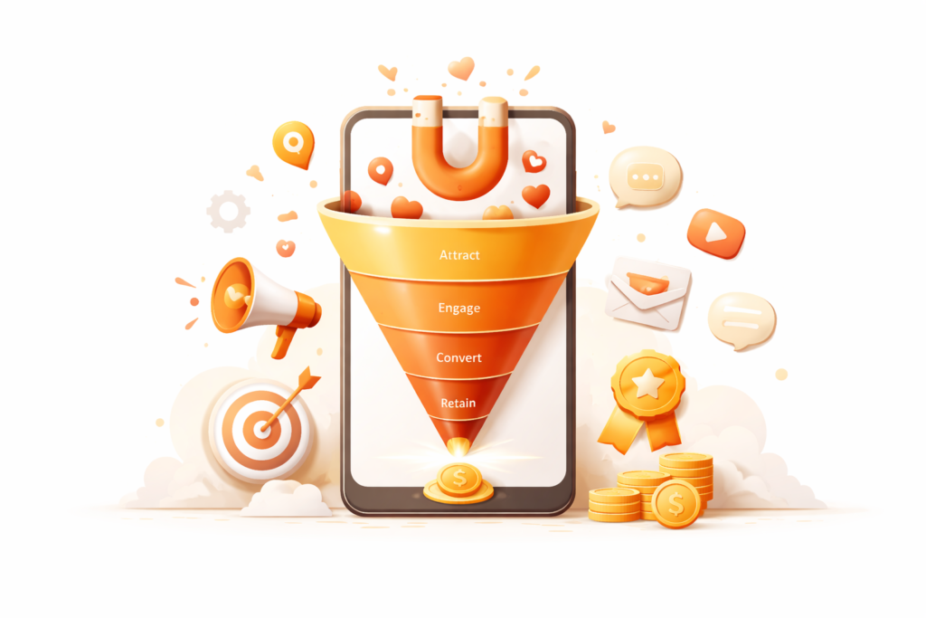 An illustration showing the path of a user from an app store download to a recurring subscription.