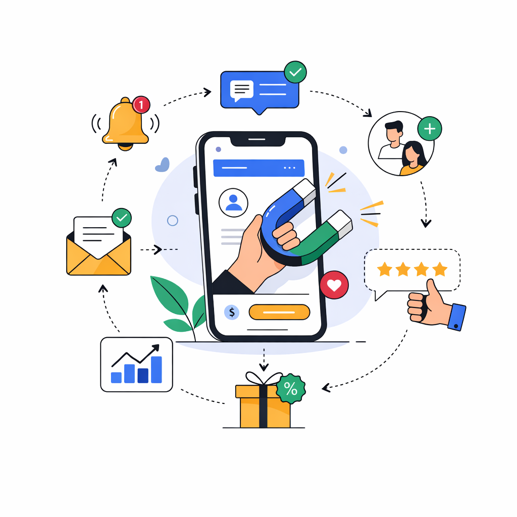 Minimal cartoon illustration of a smartphone with a magnet attracting users, surrounded by icons for notifications, messages, ratings, analytics, and rewards on a white background.