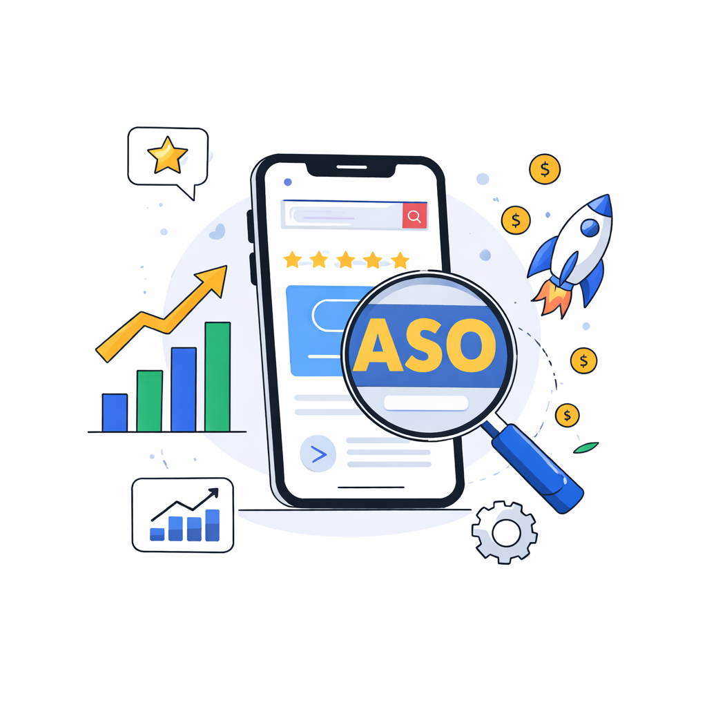 Minimal cartoon illustration of a smartphone with a magnifying glass highlighting app optimization, surrounded by growth charts, a rocket, coins, star rating, and a gear on a white background.