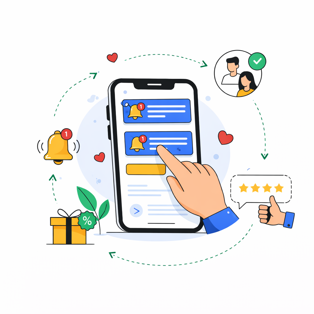 Minimal cartoon illustration of a smartphone showing push notifications, with a hand tapping the screen, surrounded by hearts, ratings, a gift box, and user icons on a white background.