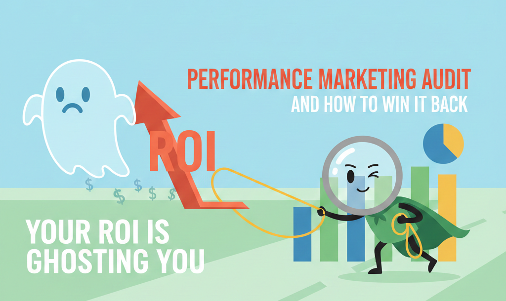 A minimal cartoon illustration showing a magnifying glass character wearing a cape, using a golden lasso to capture a floating ghost shaped like a rising "ROI" chart arrow.