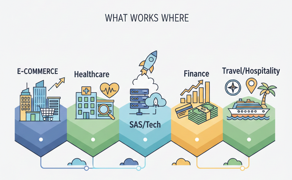 A minimal cartoon illustration showing performance marketing icons for E-commerce, Healthcare, SaaS, Finance, and Travel, titled "Performance Marketing Strategies by Industry."