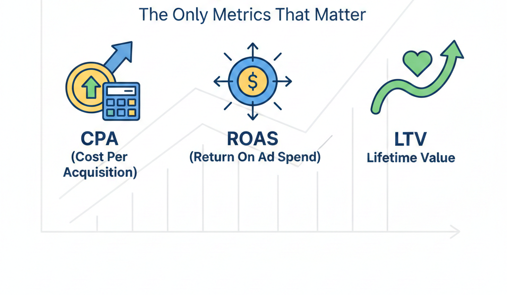 A minimal cartoon-style infographic showing three icons for CPA, ROAS, and LTV arranged over a rising growth chart, with the title "CPA, ROAS & LTV Explained: The Only Metrics That Matter."