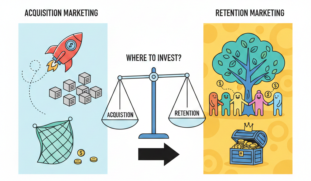 A minimal cartoon illustration comparing Acquisition Marketing (represented by a rocket and net) and Retention Marketing (represented by a growing tree and a treasure chest), with a central scale balancing the two concepts.