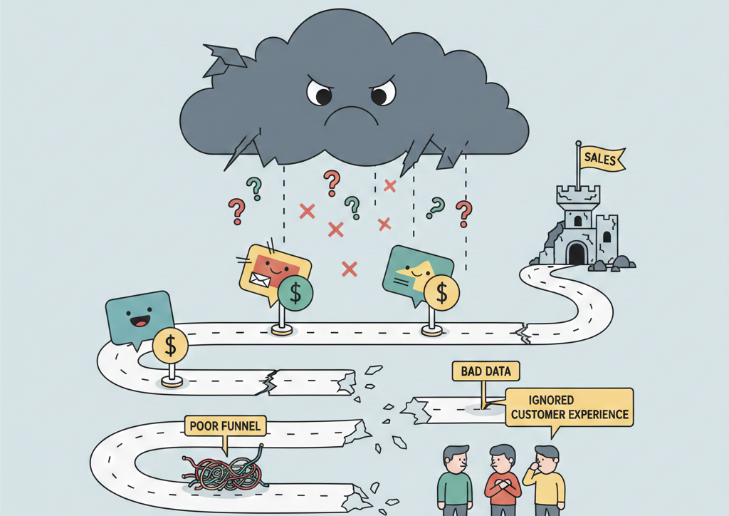 Minimalist cartoon illustration titled "Why Performance Marketing Fails (Even with Good Ads)" showing a broken road leading to a "Sales" castle, blocked by obstacles like "Bad Data" and "Poor Funnel."