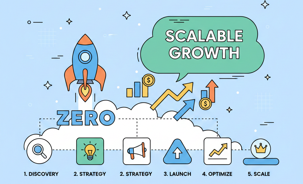 A minimal cartoon illustration showing a startup's journey from "Zero" to "Scalable Growth." It features a rocket launching from a cloud base, upward-trending arrows, and a 5-step icons row labeled Discovery, Strategy, Launch, Optimize, and Scale.