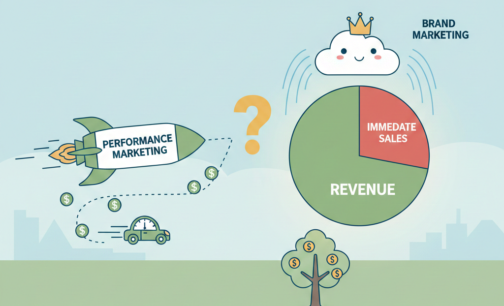 Minimalist cartoon illustration comparing Performance Marketing (a fast rocket) and Brand Marketing (a growing tree and a crowned cloud) pointing toward a large revenue pie chart.