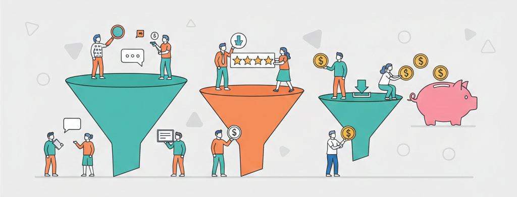Minimalist cartoon illustration of a multi-stage marketing funnel showing people entering at the top and coins dropping into a piggy bank at the end.