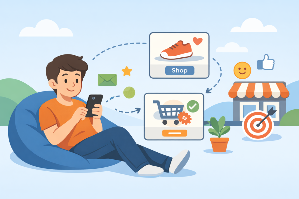 Minimal cartoon of a person using a smartphone with subtle shopping reminders and friendly engagement icons appearing around them.