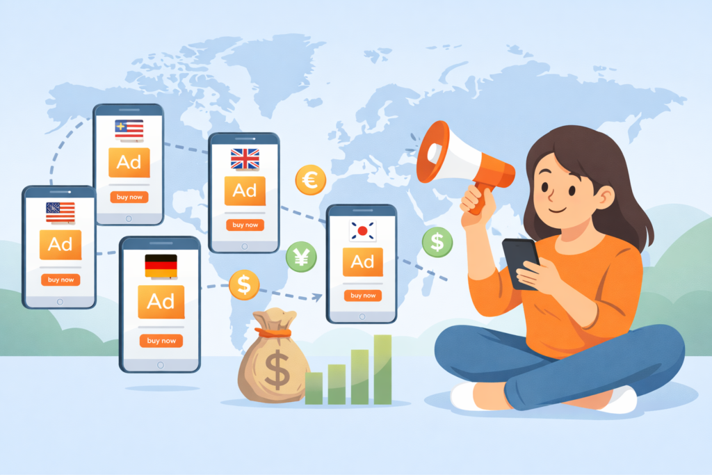 Minimal cartoon of a person managing mobile ads across multiple countries with global connections, currency icons, and growth indicators.