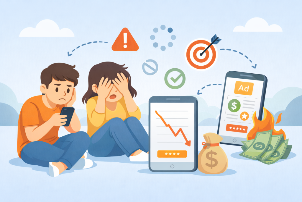 Minimal cartoon of frustrated startup founders surrounded by declining ad performance, warning icons, and wasted budget visuals.