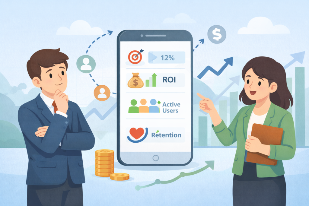 Minimal cartoon of professionals analyzing mobile marketing performance on a smartphone with growth charts and revenue indicators.