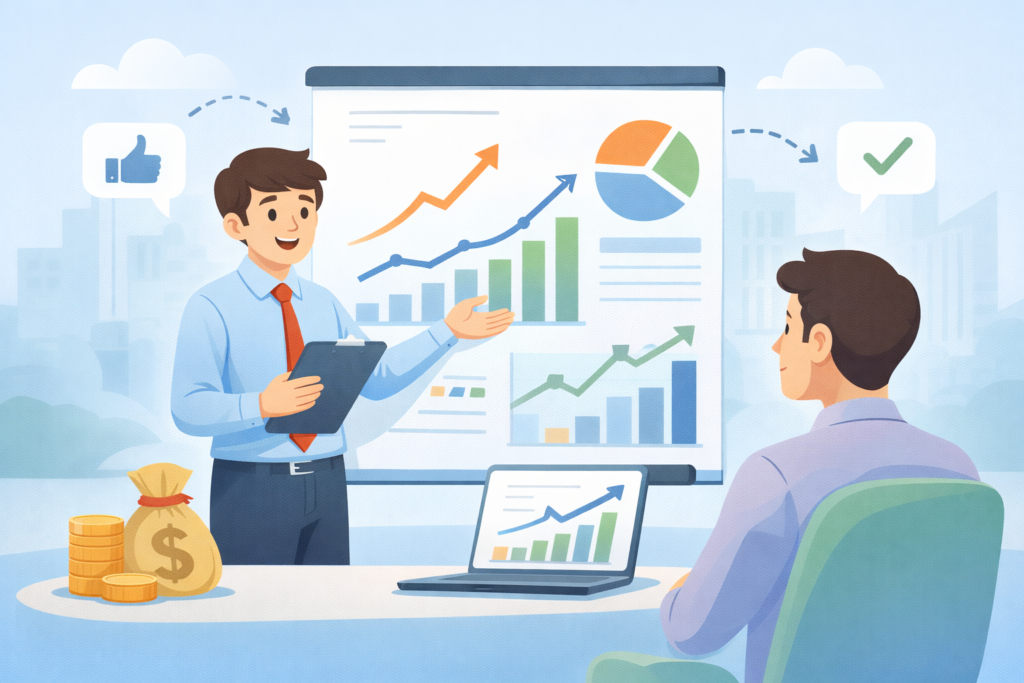 Minimal cartoon of a marketer presenting performance results to a client with charts, growth indicators, and positive feedback icons.
