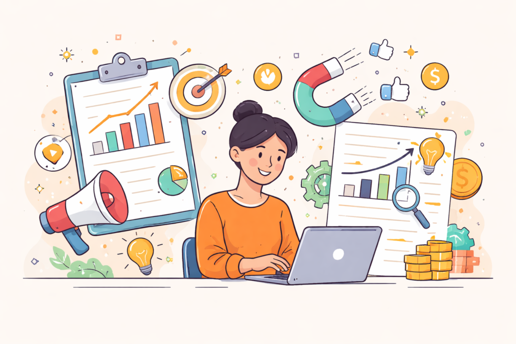 Minimal cartoon of a woman writing on a laptop surrounded by charts, growth graphs, magnets, and coins symbolizing high-converting marketing case studies.