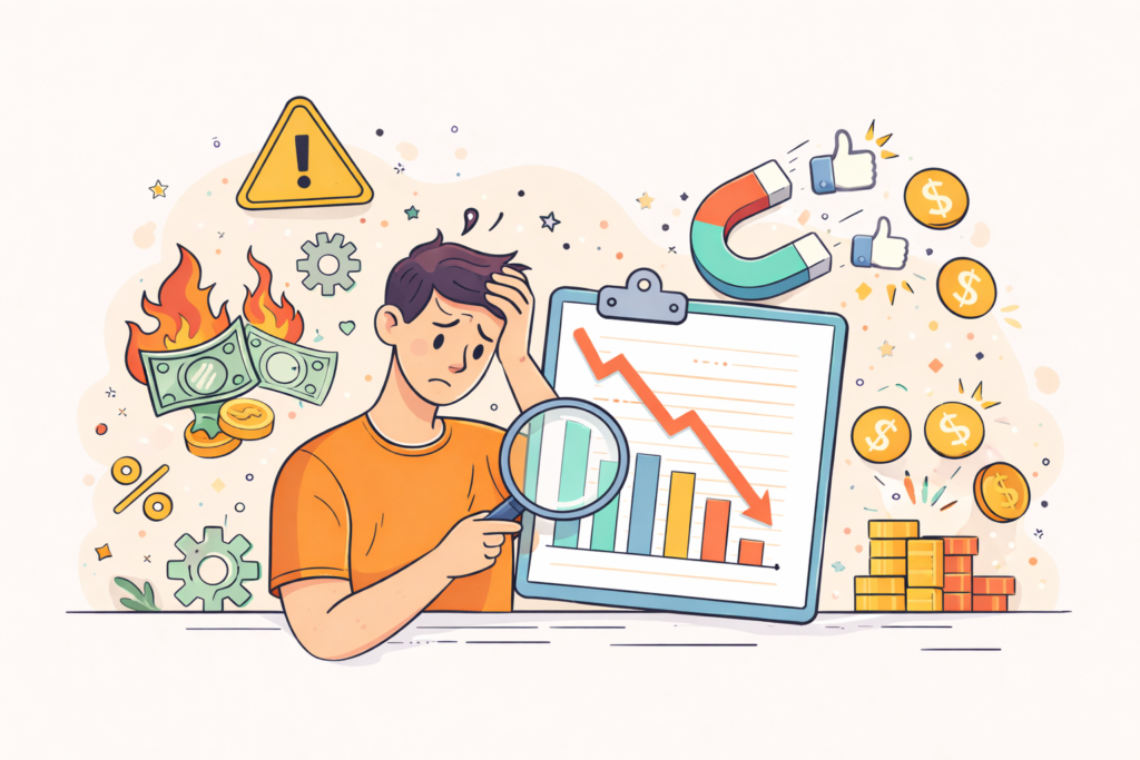 Minimal cartoon of a stressed marketer analyzing a declining graph with burning money, scattered coins, and symbols showing wasted ad spend and poor ROI.