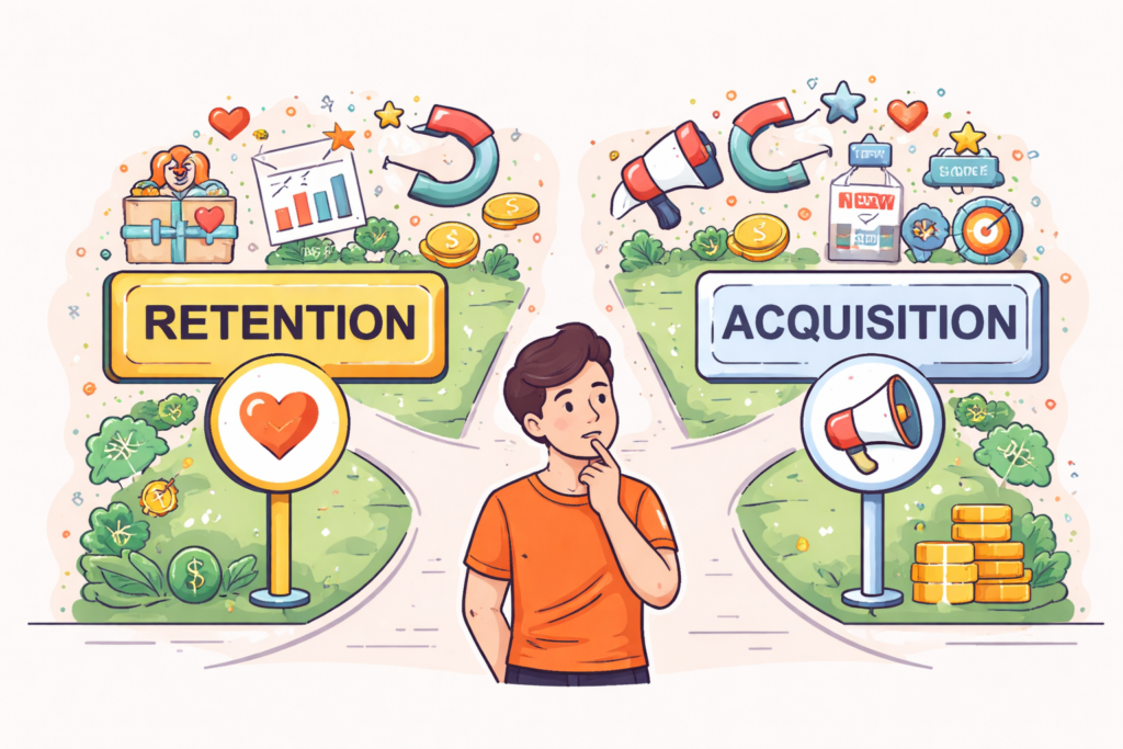 Minimal cartoon of a marketer at a crossroads choosing between retention (loyal customers, hearts) and acquisition (megaphone, new leads, coins).