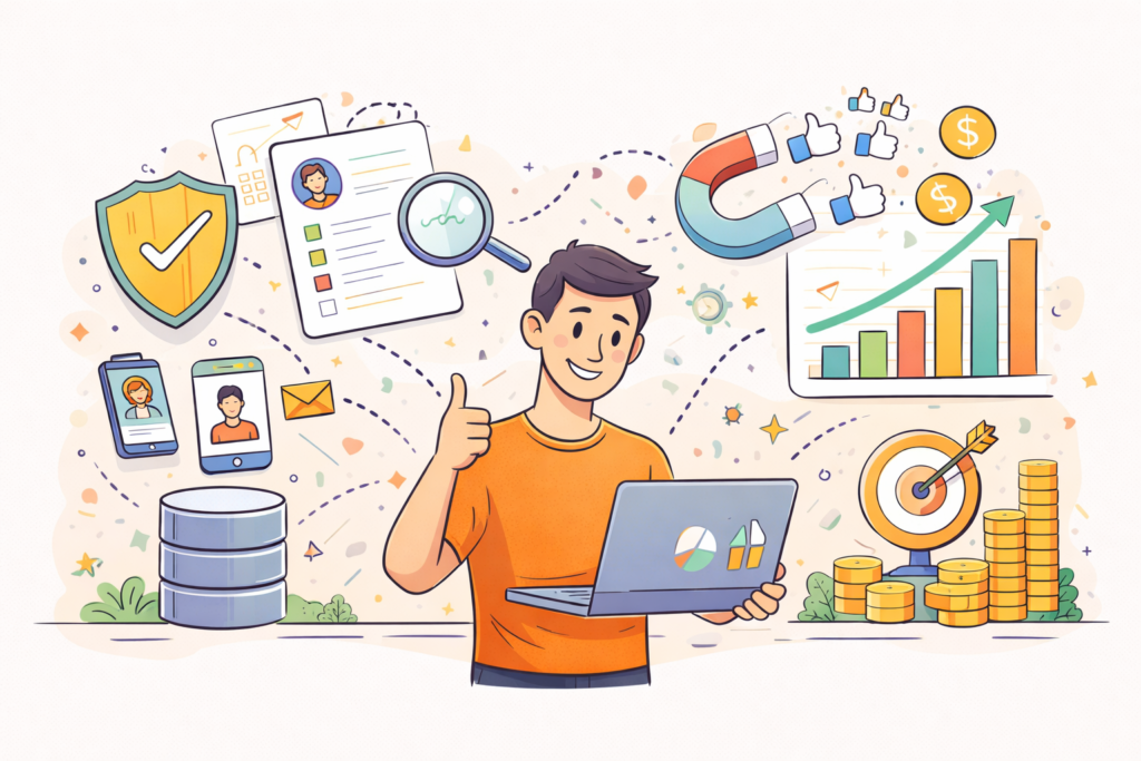 Minimal cartoon of a marketer using a laptop with charts, surrounded by first-party data icons, shield, magnifying glass, and rising graphs showing improved ROI.