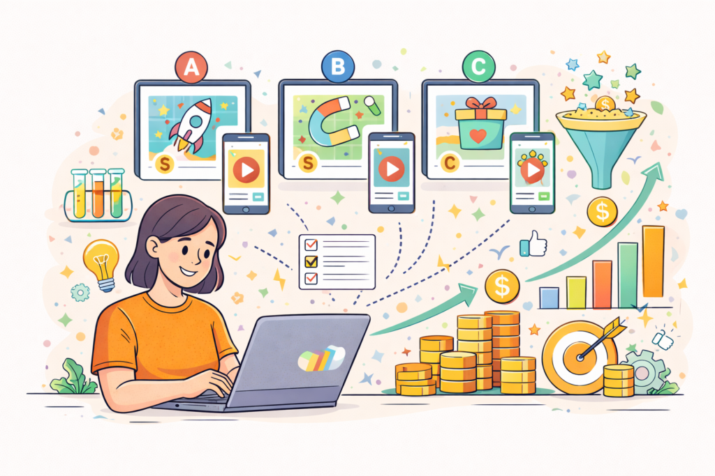 Minimal cartoon of a marketer testing multiple ad creatives (A/B/C) on screens, with funnels, checklists, and rising charts showing a scalable performance testing system.