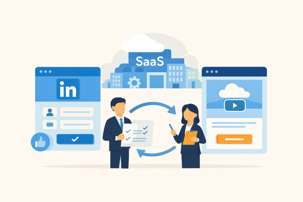 Minimal illustration comparing LinkedIn lead forms and landing pages for SaaS