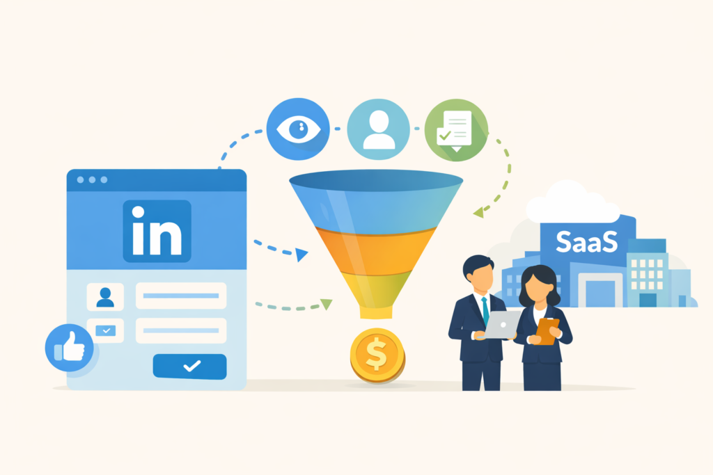 Minimal illustration of LinkedIn funnel guiding unknown SaaS leads to conversion